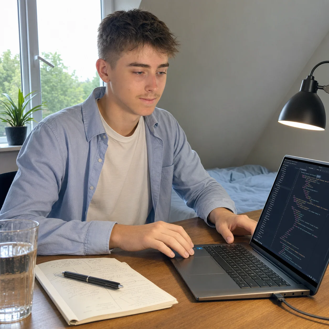 Benjamin lernt Programmieren an seinem Schreibtisch