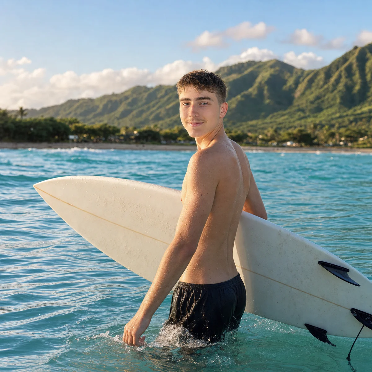 Benjamin mit einem Surfboard im klaren Meer
