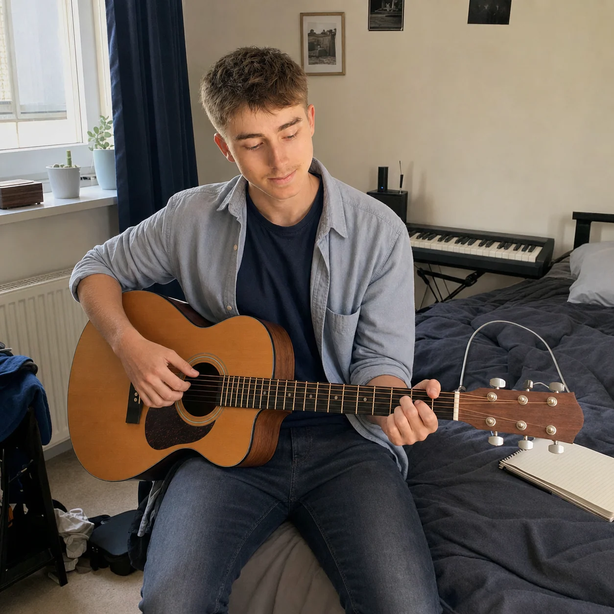 Benjamin spielt Gitarre in seinem Musikzimmer